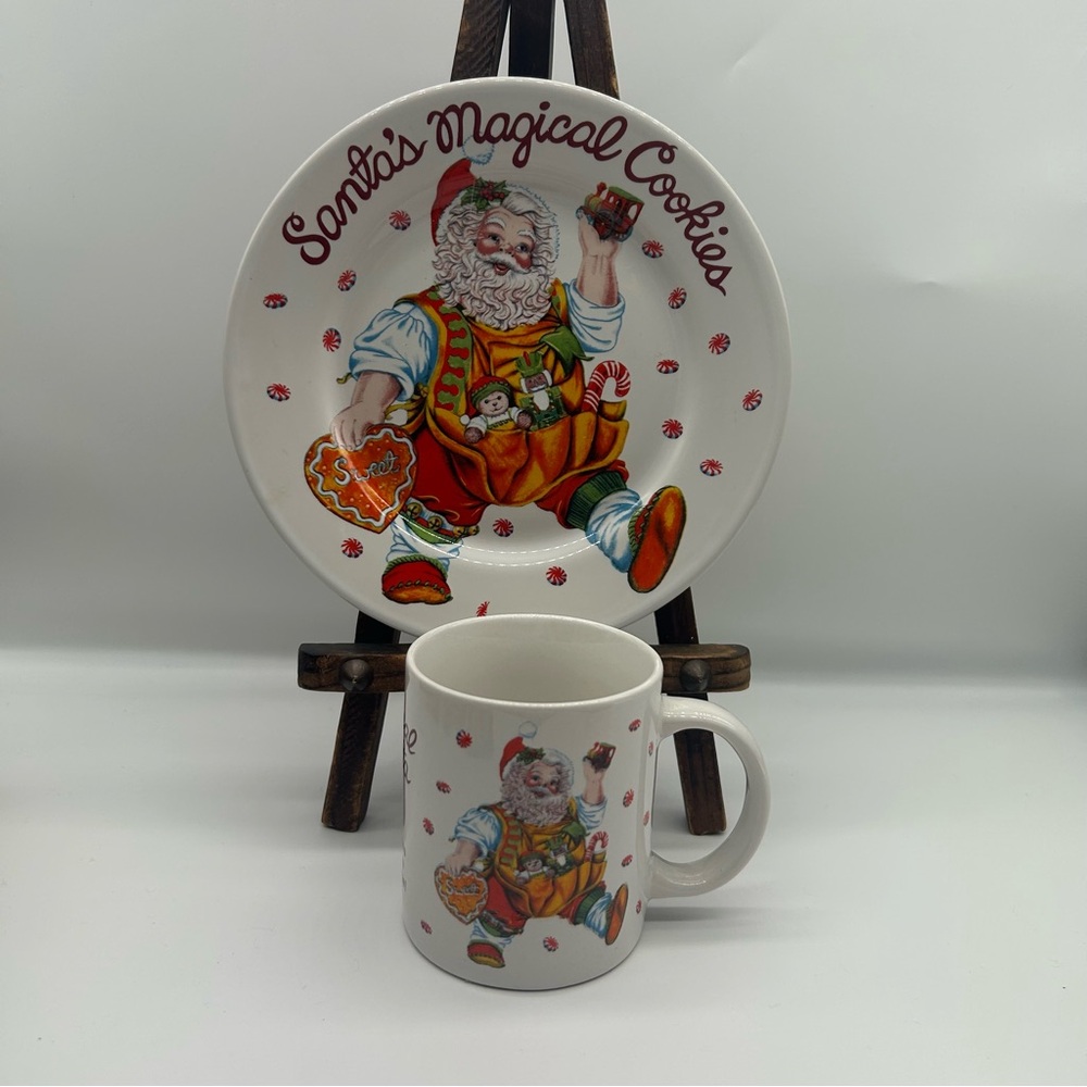 Santa's Magical Cookies plate & mug Sakura stoneware orange peppermints